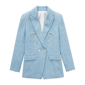 Za Women jacket 2022 New Fashion Double Breasted Tweed Check Blazer Coat Vintage Long Sleeve Pockets Female Outerwear Chic