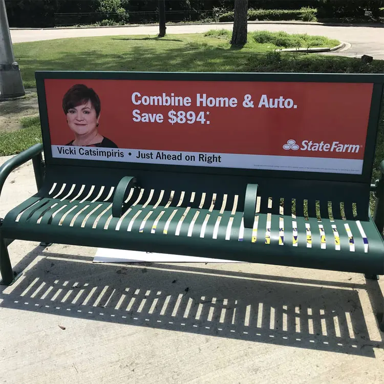 Outdoor Steel Advertising Bench with Armrest Urban Street Ad. Bench Outside Seats Metal 3 Seater Long Chair with Backrest