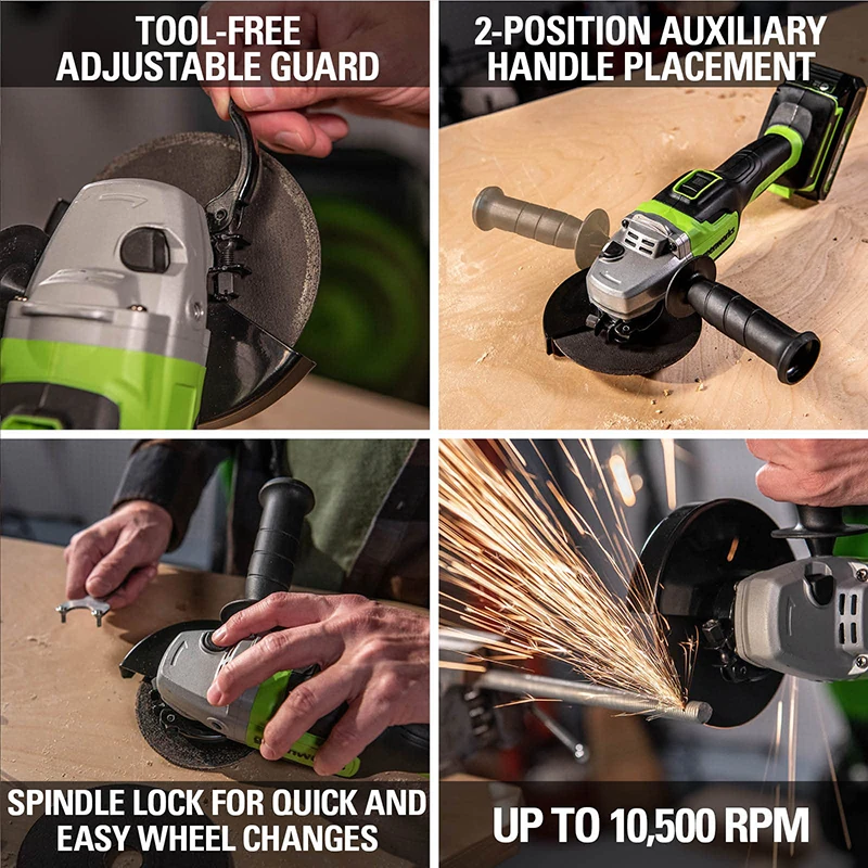 Esmerilhadeira angular Greenworks 24V com motor sem escova, disco de 4 polegadas e eixo M10, 2 velocidades variáveis, 10.500 RPM, bateria de 4Ah e carregador._voghion.com