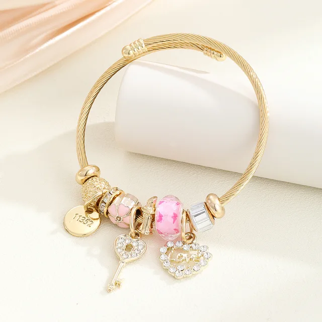Hot sale gold plated stainless steel crystal key heart pendant bracelet large hole beads colorful charm bangle bracelet for girl