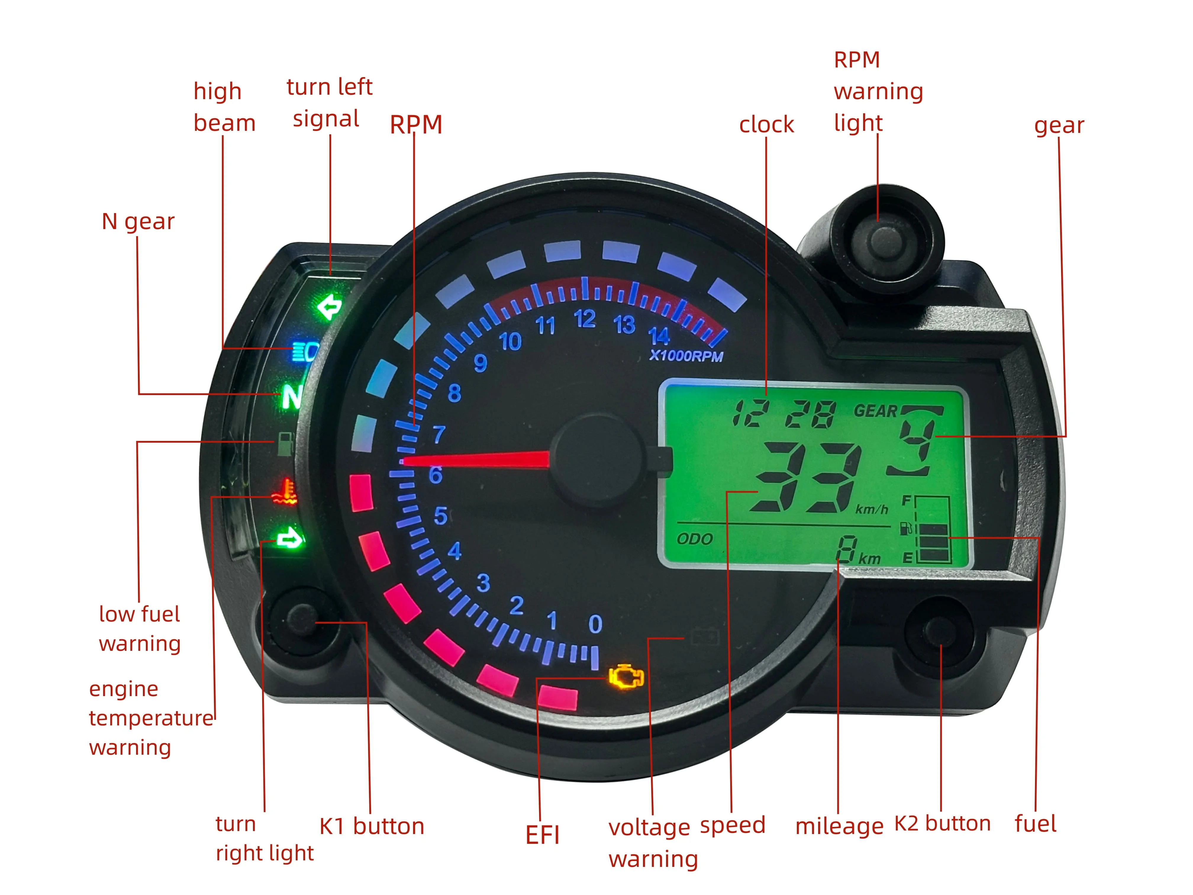 Tachymètre Numérique KOSO RX2N Pour Moto - Compteur Vitesse Odomètre Avec Rétroéclairage 7 Couleurs Et Capteur Précis