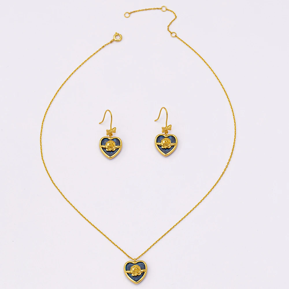 product wholesale customized blue resin heart bow pendant rose flower drop earring necklace set new style fashion jewelry for wedding-2