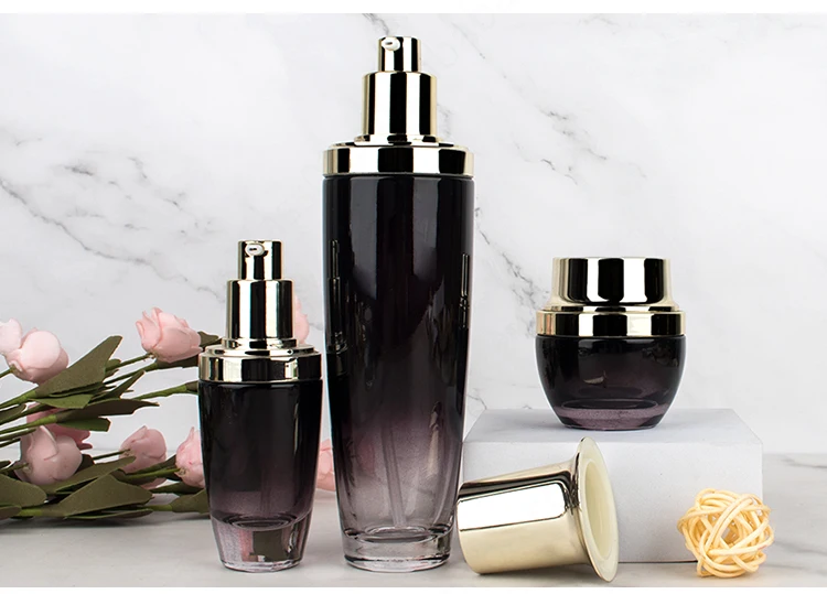 Skin care cosmetic packaging shiny gradient black 30ml 50ml 100ml 120ml 30g 50g cosmetic jar and bottle set details