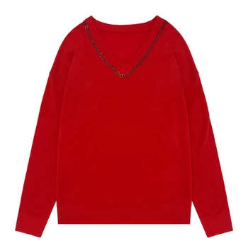 Custom V Neck Knit Sweater Knitted Sweater Women 95% Modal Pullover Long Sleeved Knit Sweater for Women