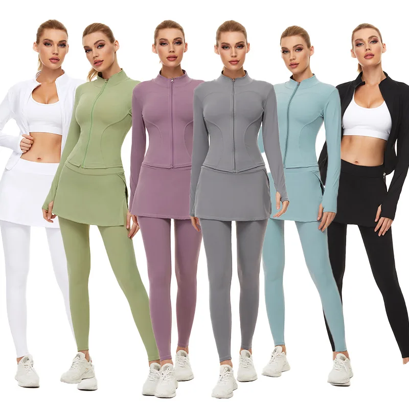 2024 Women Gym Wear Tight Ladies Active Wear Jackets Long Sleeve Gym Finger Jacket For Women yoga 2 piece skirt sets details