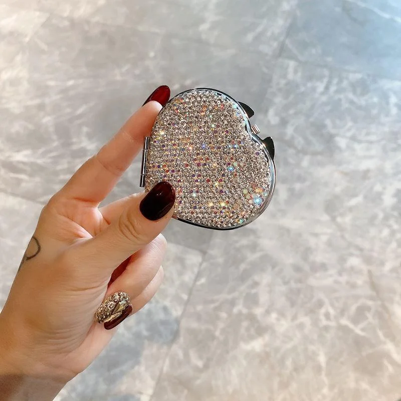 Heart-Shaped Compact Mirror Small Foldable Handheld Makeup Mirror With Sparkling Rhinestones