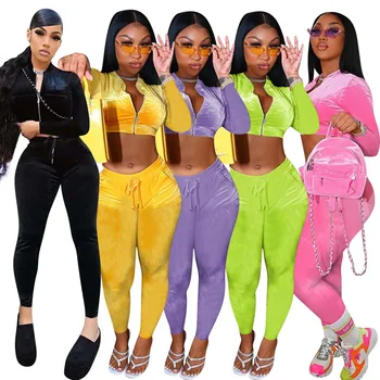 2022 Spring Velvet Velour Tracksuits Two Piece Set Winter Women Workout Fall sexy 2 Piece Stacked Pants Jogger Set Sweat Suits