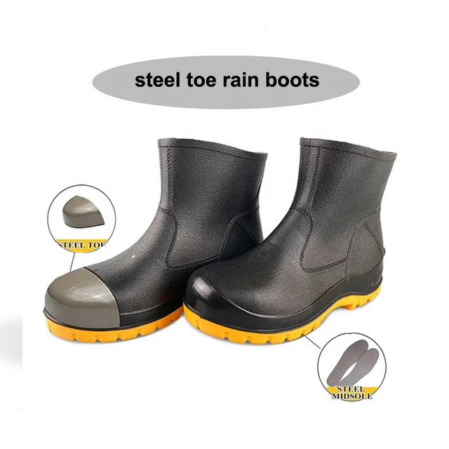 18cm Ankle Black Steel Toe Midsole Safety Rain Shoes Men Construction Site Protect Rain Boots Low Cut PVC Safety Rain Boots