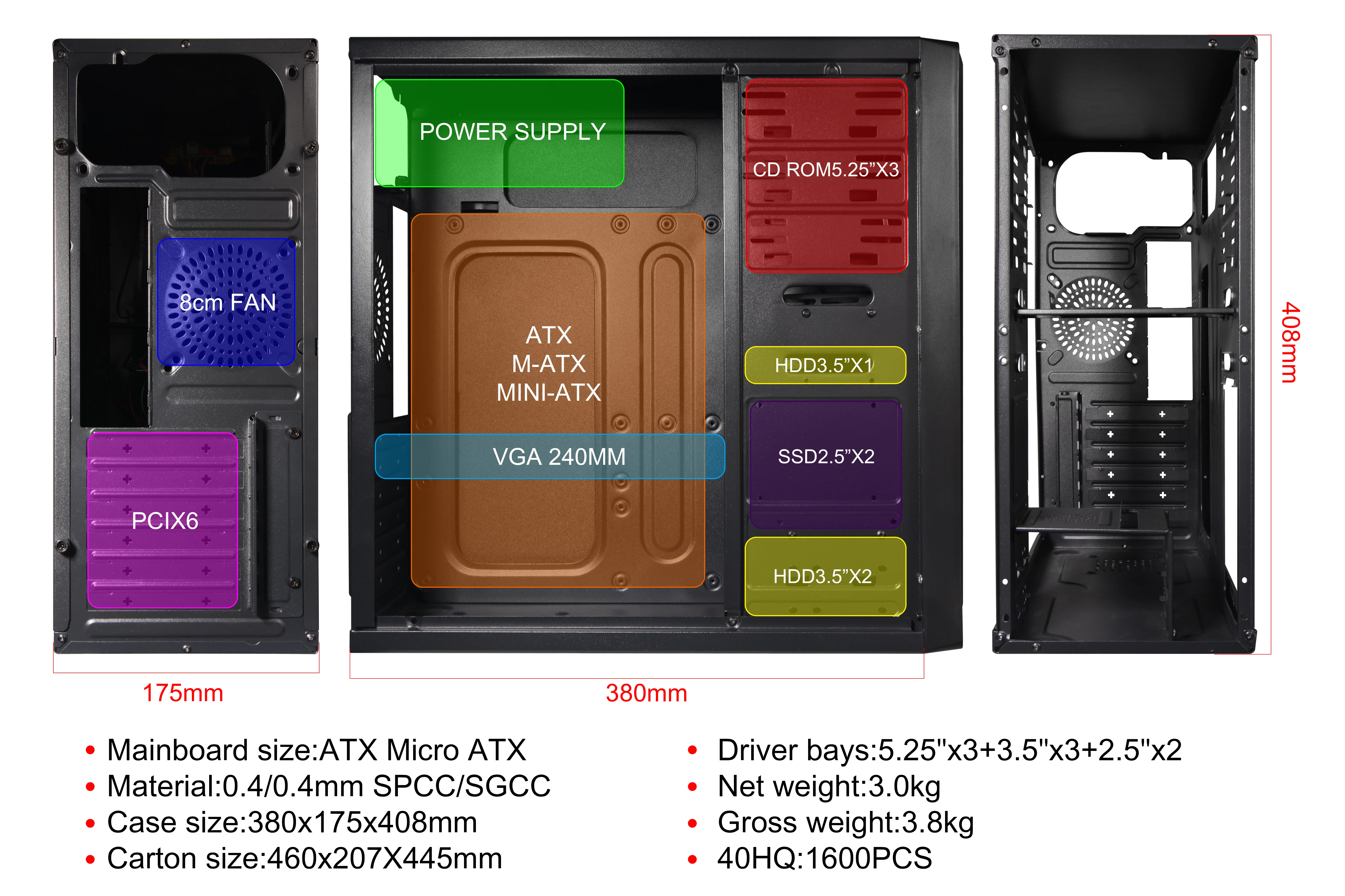 Bulk Atx Pc with Power Supply Fan Plexiglass Horizontal Cooled Cpu Cabinet Computer Case Pc Chassis