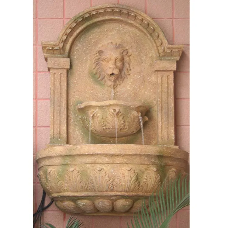 Outdoor Stone Fountain with Hand-Carved Lion Head Statue
