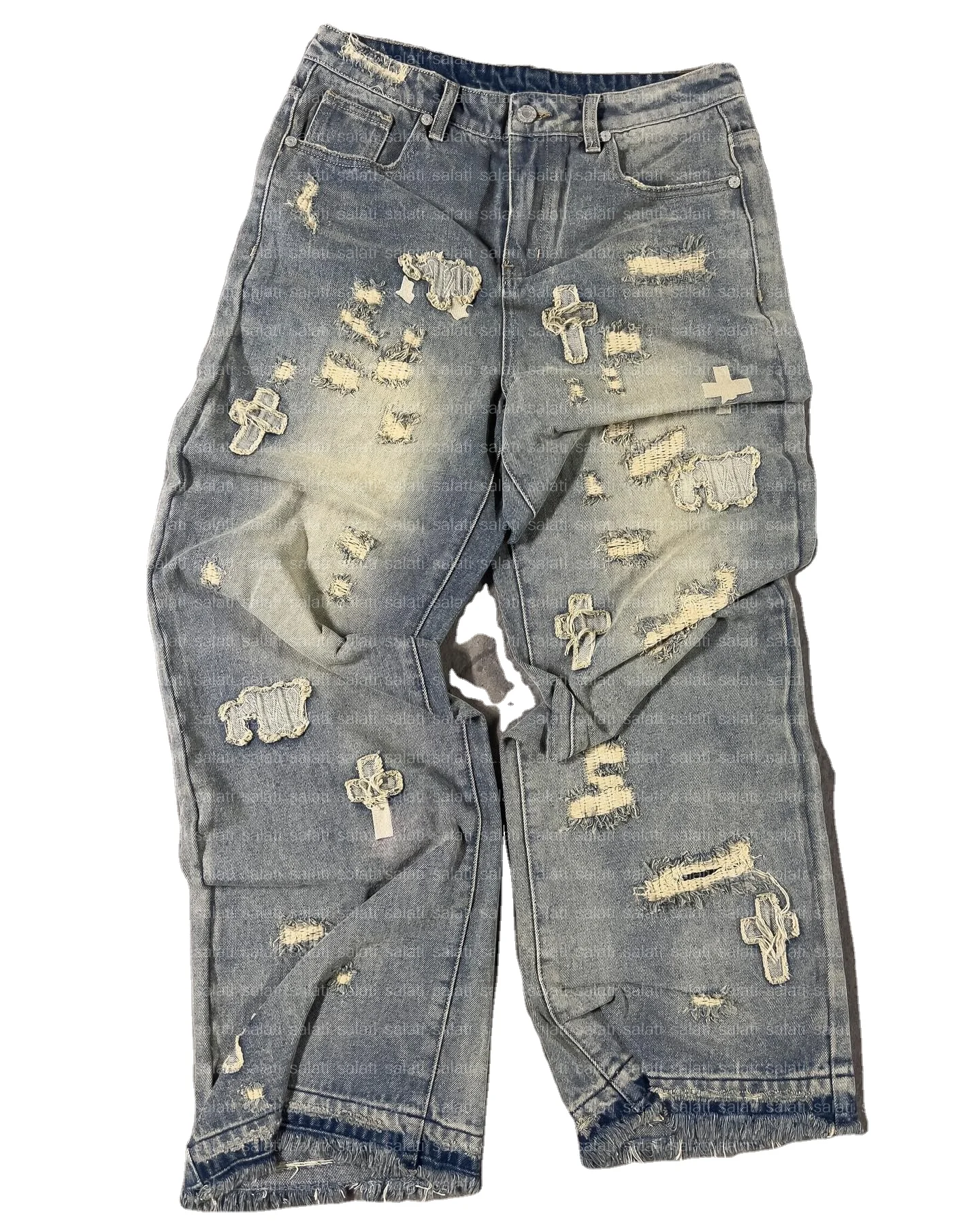 Custom Y2K Designer Man Skater Wide Leg Bootcut Ripped Embroidery Patched Distressed Washed Baggy Trousers Denim Jeans for Men