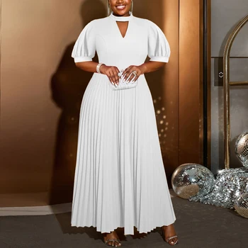 AM050563 Short Puff Sleeve Hollow Out a Line White Elegant Pleated Maxi Casual Dresses Women