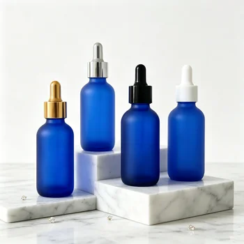 60ml Clear Blue Glass Boston Bottle with Screw Cap & Dropper for Essential Oils