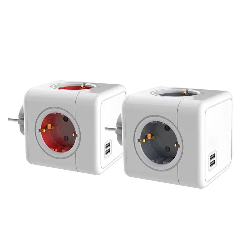 Europe Power Strip Cube Socket with 2X USB Port Germany Outlet Extension Multi Wall Plug Adapter Surge Protect