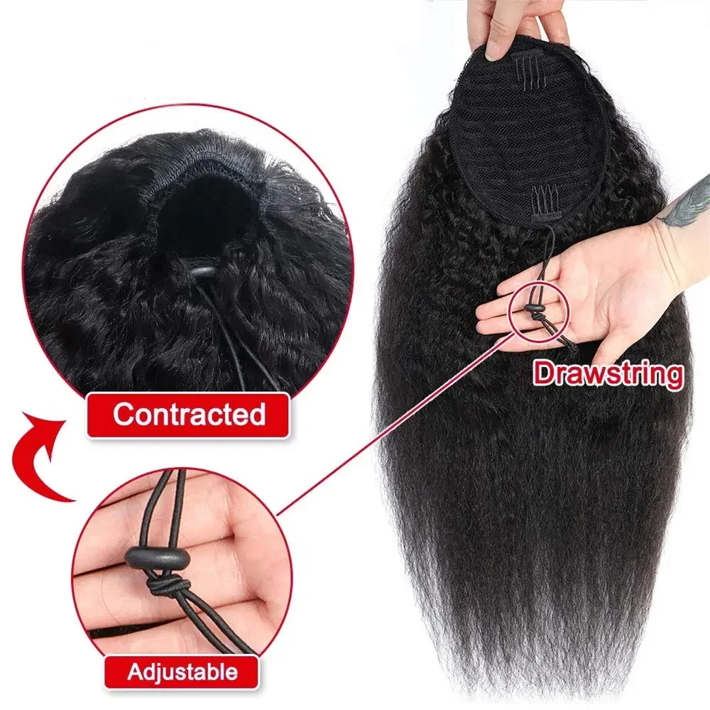 Kinky Straight Human Hair Paardenstaart Extension Yaki Drawstring Natural Black voor Vrouwen_voghion.com
