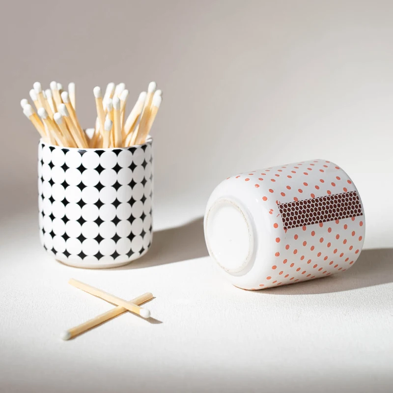 YUANWANG Customized Decal Pattern Ceramic Match Striker With Striker Matchstick Jar With Bamboo Lid