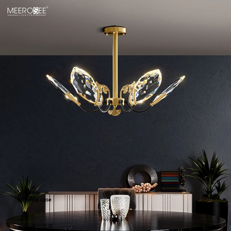 Meerosee K9 Crystal Light with Multi Faceted Cutting Copper Gingko Leaf Decoration Chandeliers Crystal 2020 MD86814