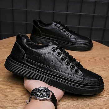 Low Top Pu Upper Fashion Shoes Causal Shoes For Men Flat Black Walking ...