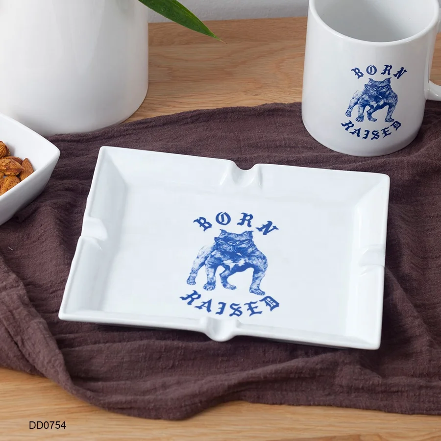 Rectangle White Cigar Cigarette Custom logo Porcelain Stoneware Hotel Office Ash Tray Wholesale Handmade Ceramic Ashtray