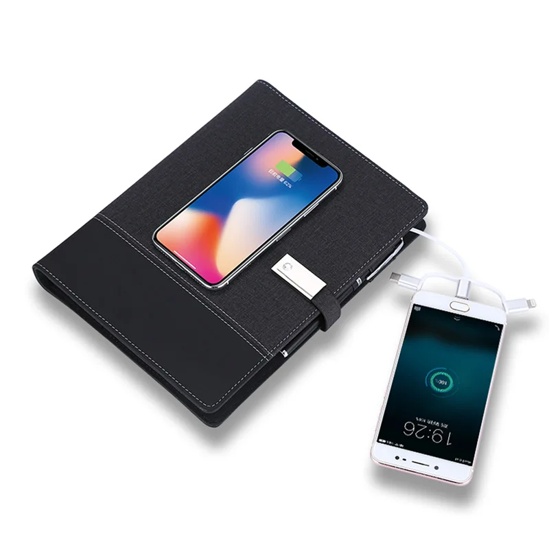 Business Planner A5 PU Cover Notebook 8000mAh Power Bank With LED logo USB Flash Drive Wireless Charging Notebook