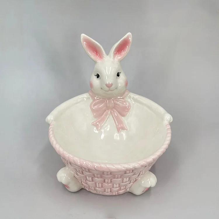 36oz Ceramic Soup Bowl Bunny Decoration Kitchenware Salad Bowl Easter Rabbit Sculpture with Rattern Pattern Design Bunny Bowl
