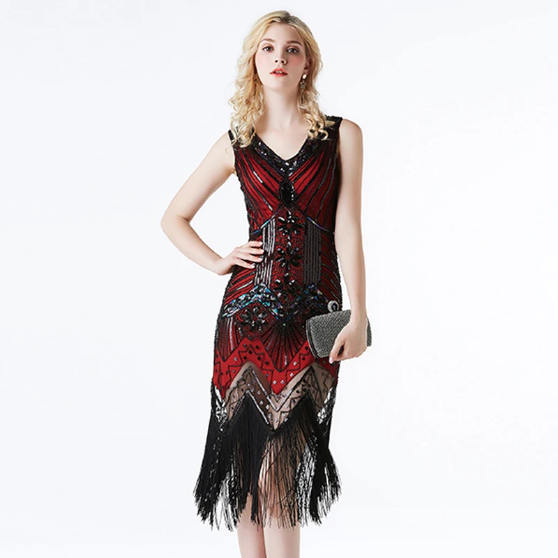 red beaded flapper dress BABEYOND Half Sleeve 1920s Theme Gatsby Party Dress, Roaring 20s Short Tassel Flapper Dress, Dark Green, Size 12 main image 0