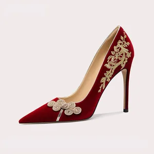 Women's Red Brocade Wedding Dress Pearl Embroidery High Thin Heels Double Wear Single Shoes Slip-On Fashion Trend