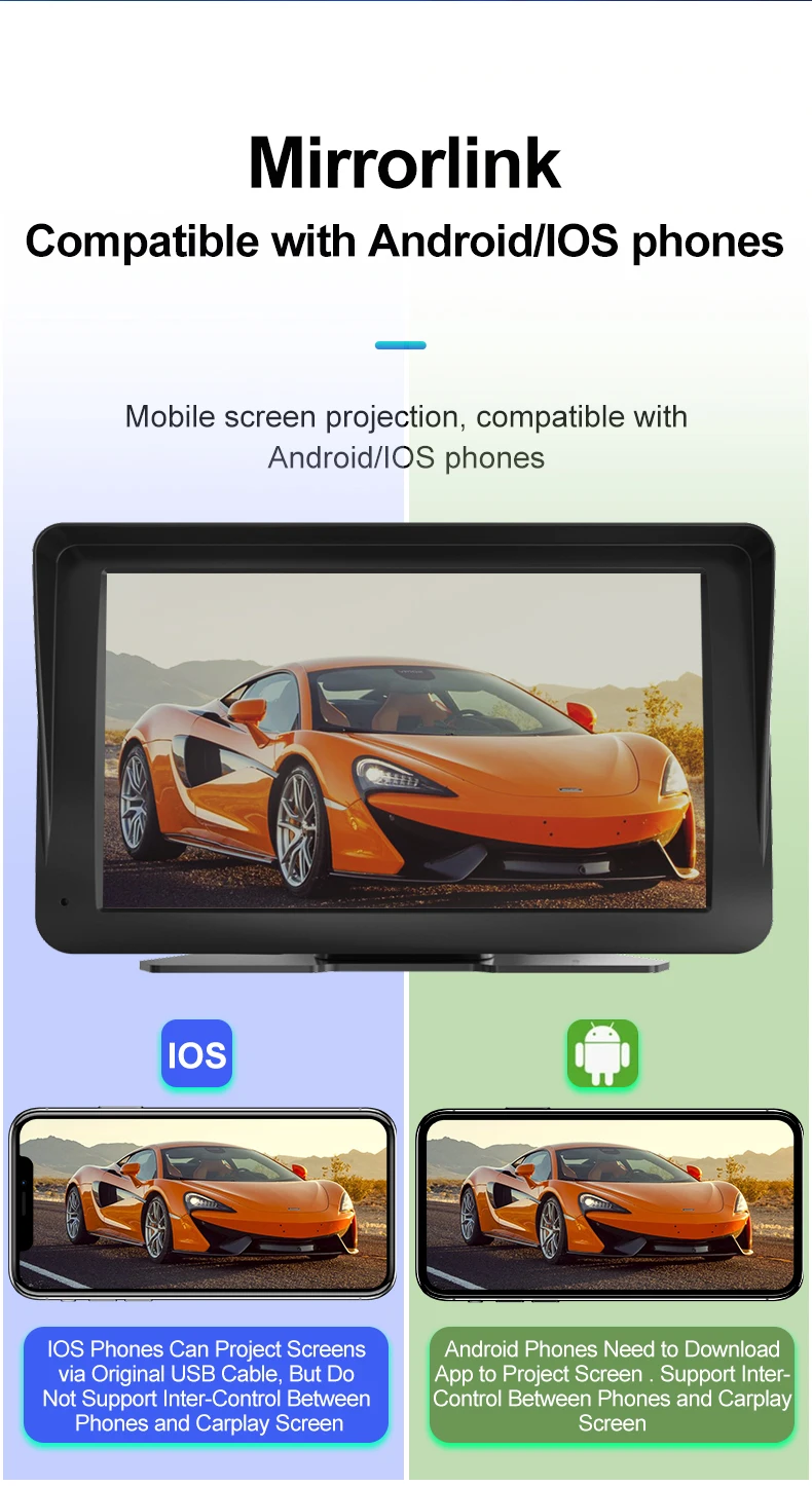 Phone Mirroring Touch Screen Car Stereo with Android Auto Portable 7 Inch Car Wireless Carplay Multimedia Player