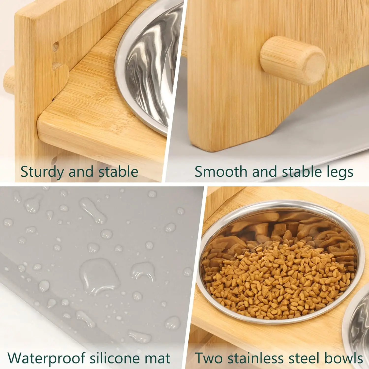 product adjustable bamboo pet feeder with 2 500ml stainless steel bowls anti slip elevated food stand for dogs-3