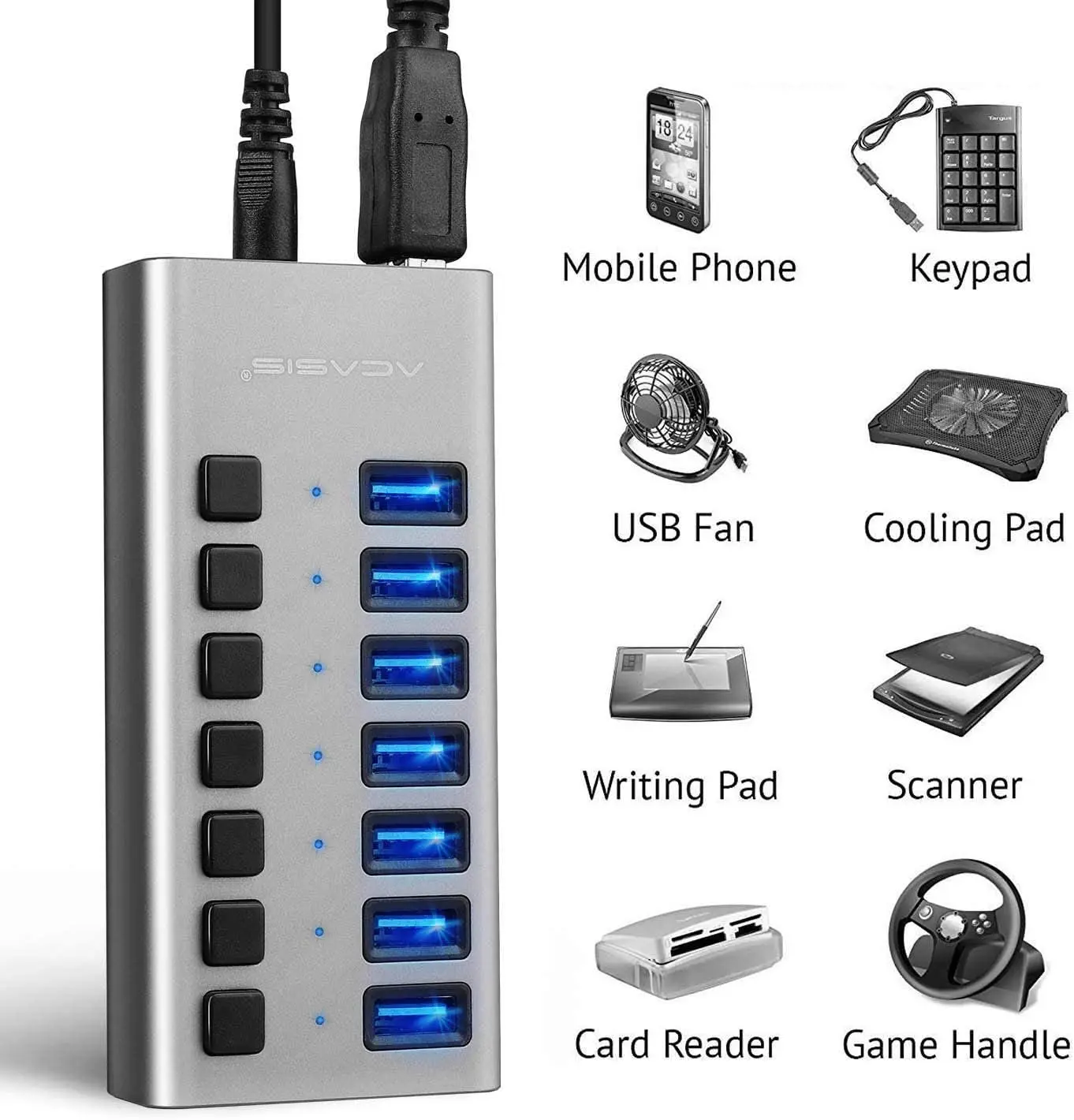 Powered USB Hub - ACASIS 16 Ports 90W USB 3.0 Data Port, Aluminum Housing,  Individual On/Off Switches, 12V/7.5A Power Adapter, 5Gbps High Speed, USB