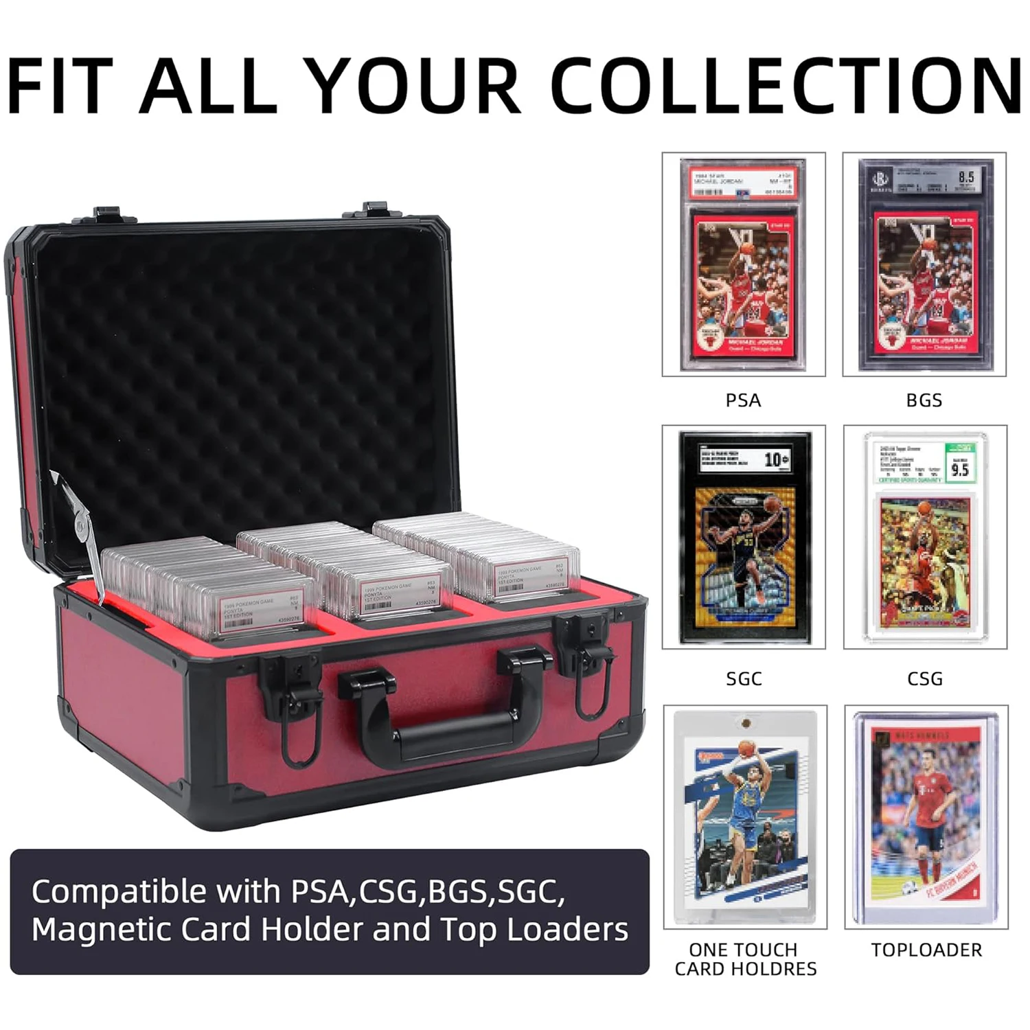 Custom 3 Row Luxury Red Color Portable Aluminum Frame Coin Graded Sports Trading Card  NGC BGS Display Storage Box Slab Case