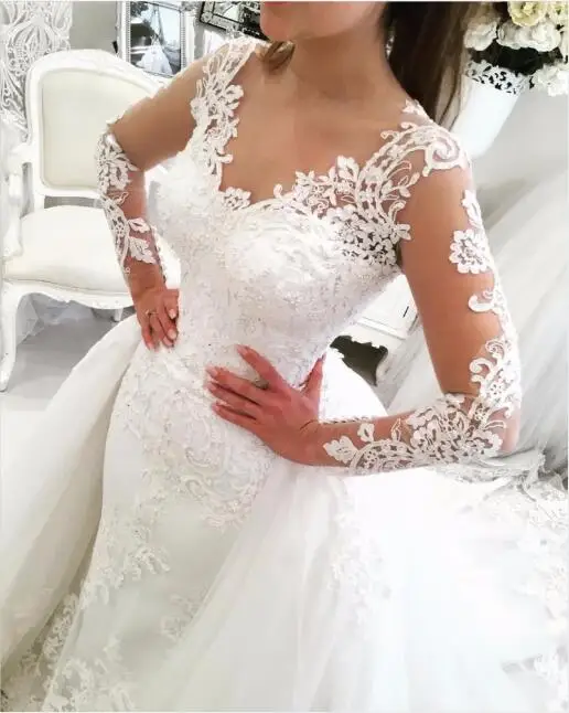 Gaun Pengantin Lengan Panjang Vestido, Gaun Pengantin Putri Duyung dengan  Overskirt dan Appliques Renda Berat