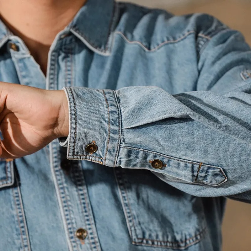 American Retro Western Cowboy Shirt Men Amekaji Long Sleeve Casual Denim Workwear Washed Tough Guy Jacket