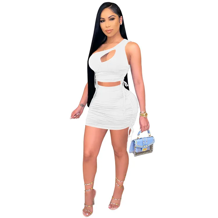 Sexy Ladies Street Outfits One Shoulder Tops Stacked Skirt Summer Women Two Piece Set