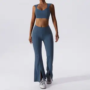 Customize Workout Plus Szie Active Gym Fitness Yoga Set 2 Pcs Sports Wear Sports Bra and Wide Leg Legging Set
