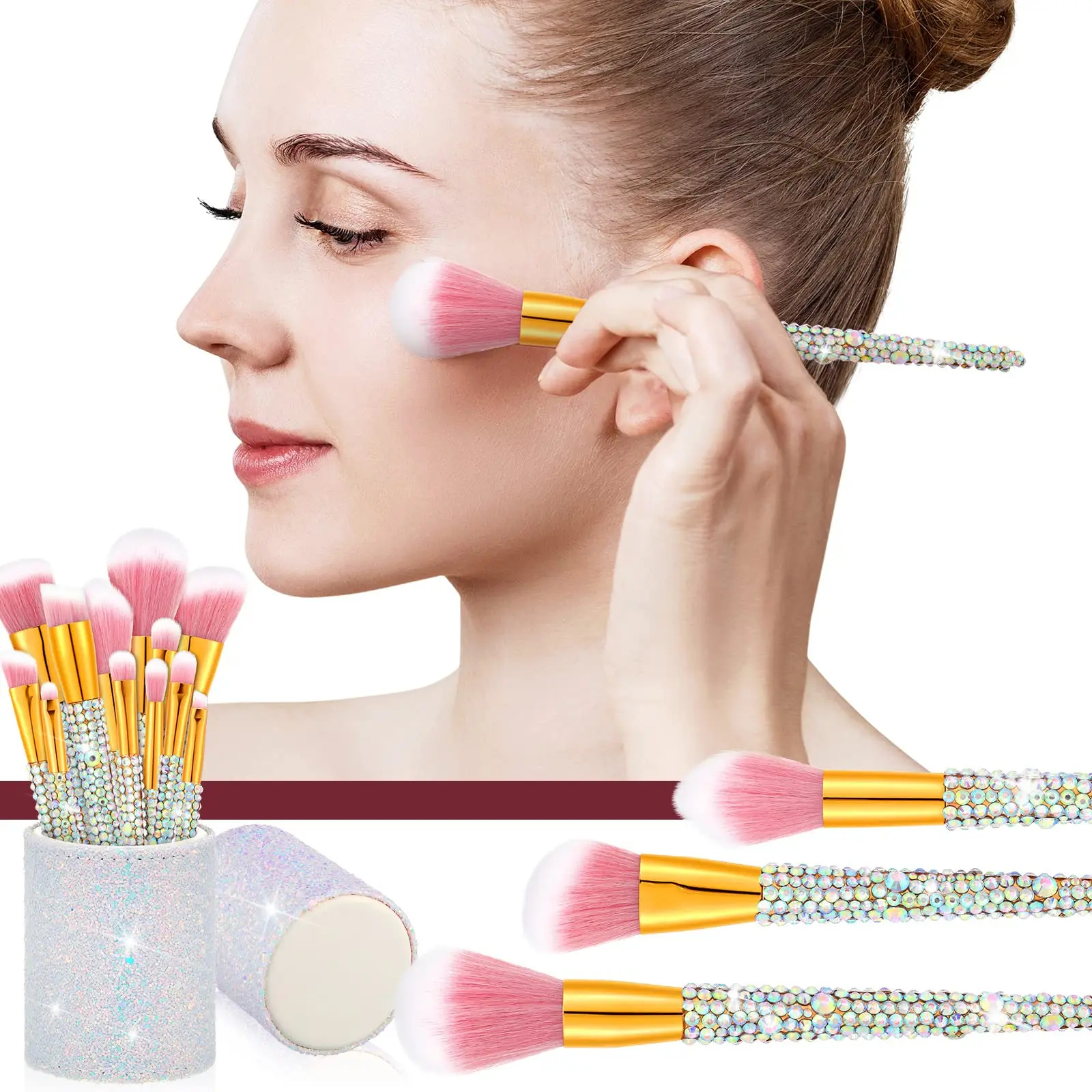 12 Pieces Rhinestone Makeup Brushes Set Crystal Blending Liquid ...