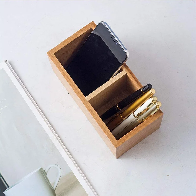 Бамбуковый держатель для ручек, деревянный подстаканник для карандашей, настольный милый многофункциональный держатель с дистанционным управлением и 2 ячейками (бамбук)