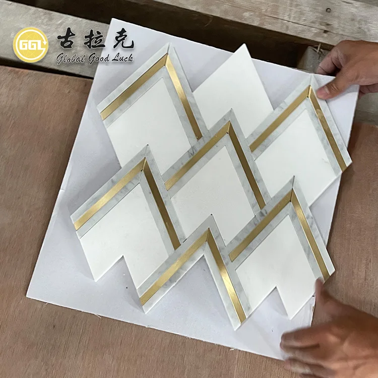 Modern design Arrow shape Thassos white waterjet Marble mix brass mosaic tile for wall and floor