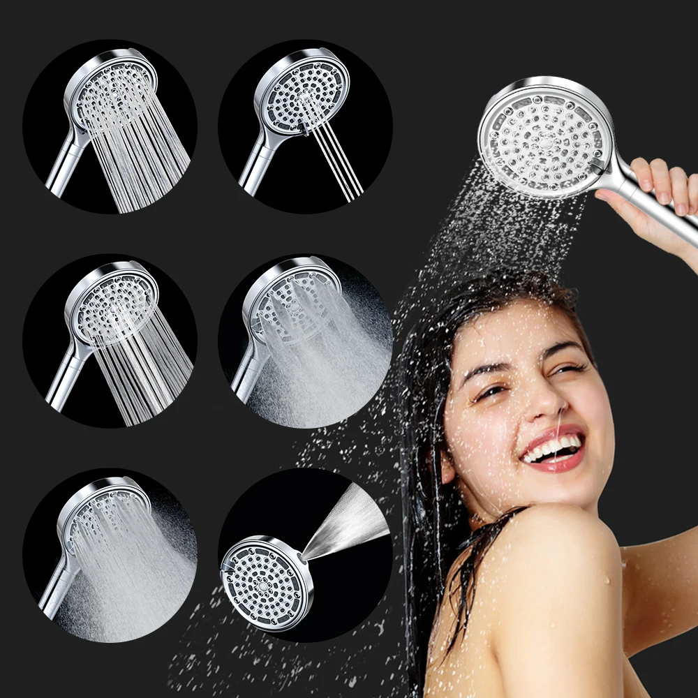 6 Spray Mode Rain Back Jet Powered 15cm 6inch Shower Head With Remove 