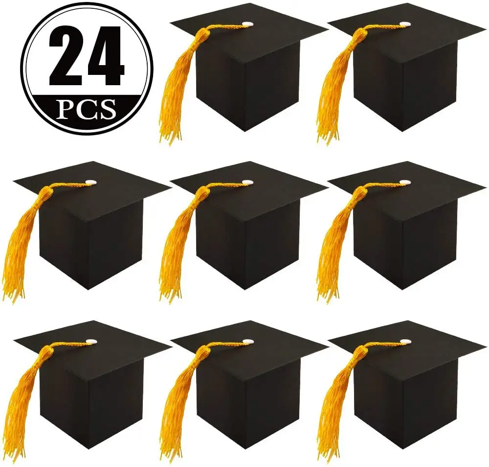 Dusenly 24pcs Graduation Candy Boxes Doctoral Cap Shaped Gift Box Black Grad Treat Candy Chocolate Box with Yellow Tassel for Graduation Party Supplies 