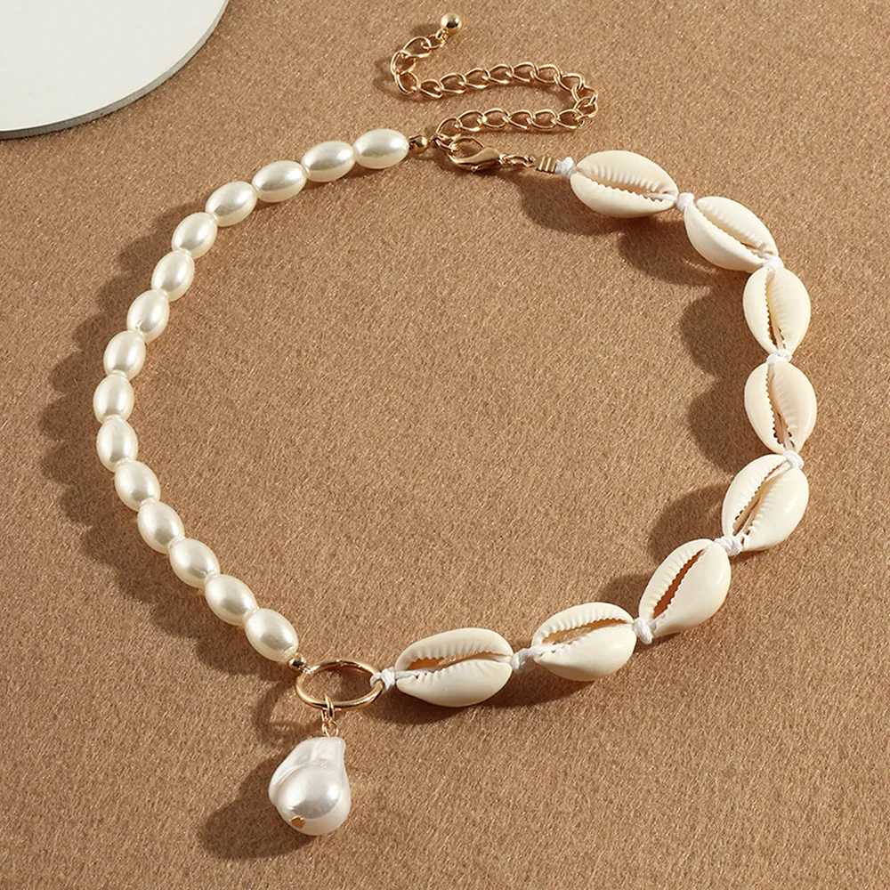 Real Seashell & Freshwater Pearl Beaded Necklace White Shell