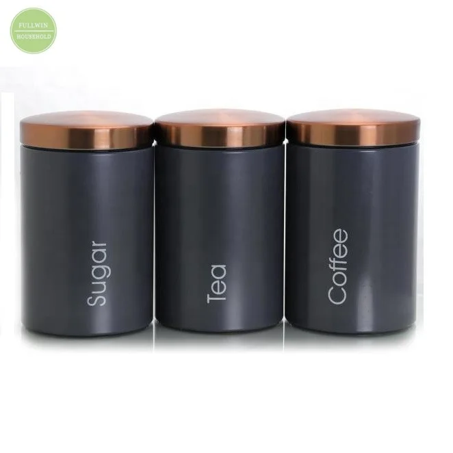 3pc Kitchen Storage Set Tea Coffee Sugar Jar Caddy Canister Tin Container Copper 