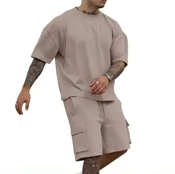 Mens Casual Tracksuit Cargo Shorts 2 Piece Outfits Drop Shoulder Sleeve Athletic Summer Sport Wear Set Crewneck Sweat Suit