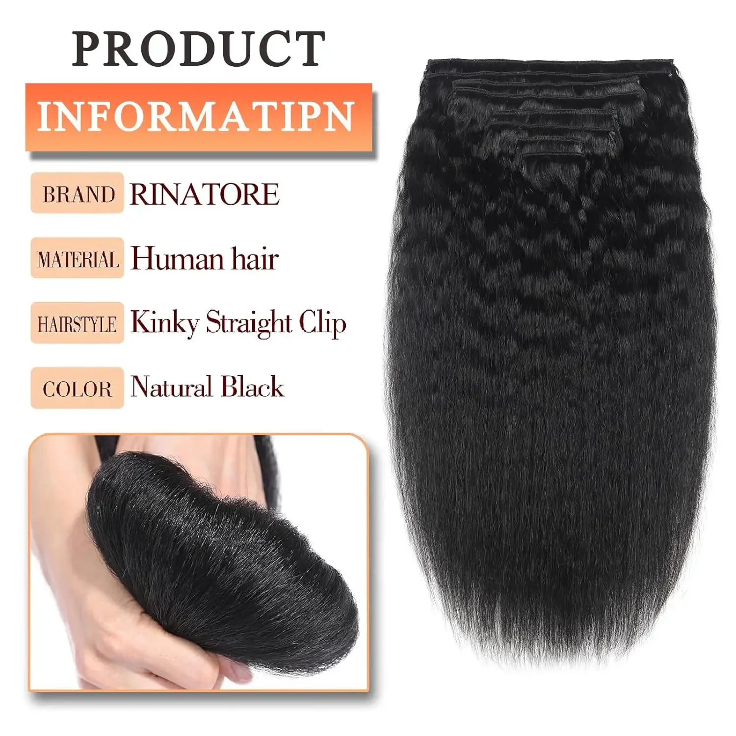 Kinky Straight Clip-in Hair Extensions Ekte Menneskehår Naturlig Svart For Kvinner Remy Sømløse Clip-ins_voghion.com