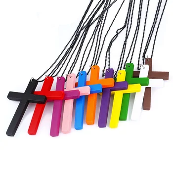 Fashion Trendy elegant fashion colorful wood cross necklace Retro Wood candy color Cross necklace for Women And Men Jewelry