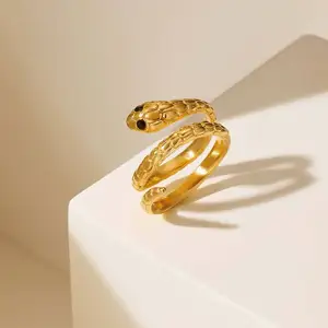 Popular Style Animal Snake Adjustable Open Ring Stainless Steel Gold Plated Twist Finger Ring for Women Men