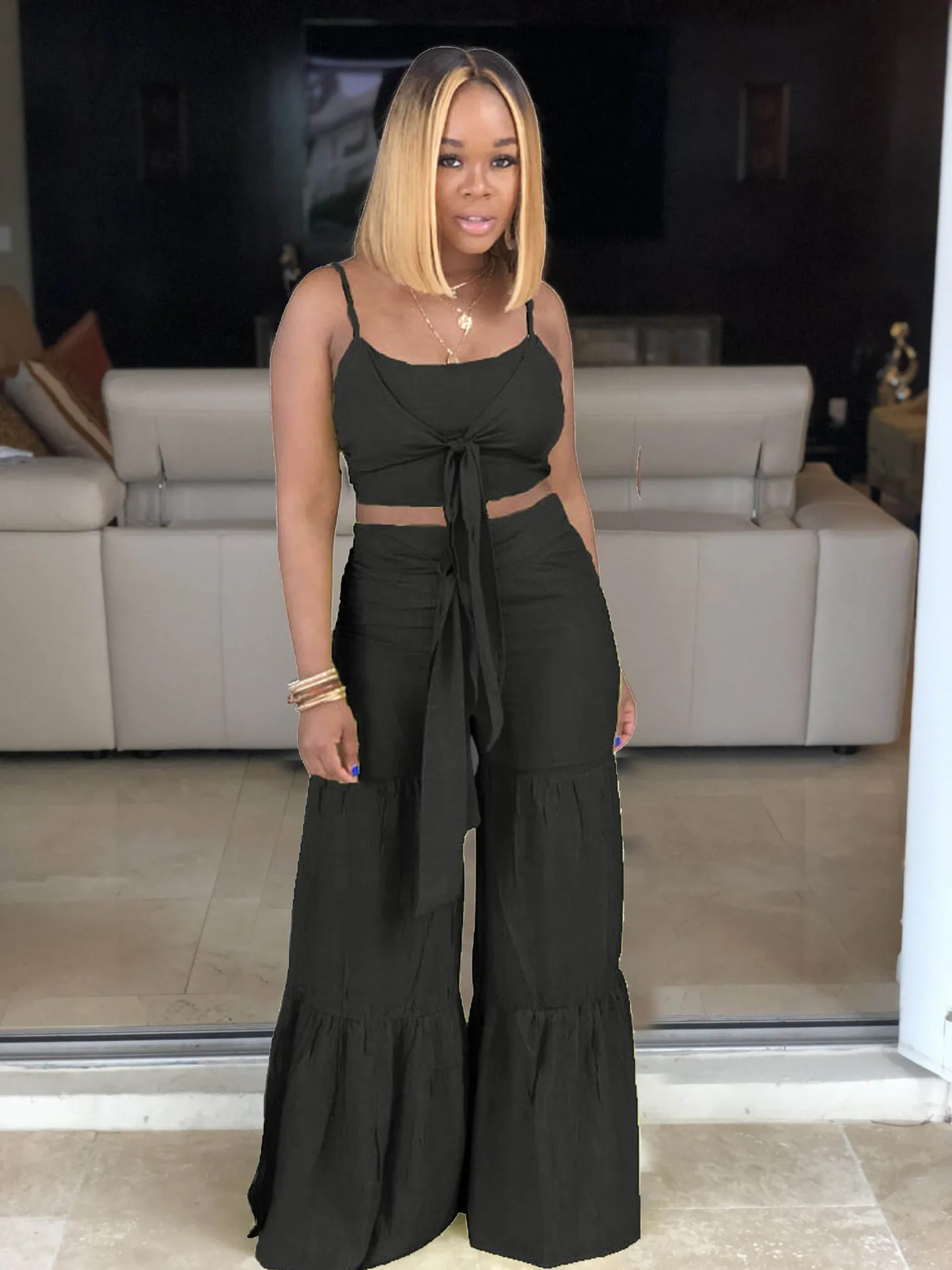 Women Crop Top And Pants Set Wide Leg 