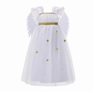 Girls Children Summer Floral Satin Tulle Ruffles O-Neck Layered Western Style Comfortable Breathable Stage Performance Wedding