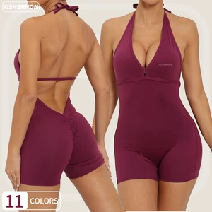 YISHENHON Soft V-neck Women Yoga Backless Jumpsuit Workout Catsuit Bodysuit Sleeveless Gym Bodycon Romper Sportswear