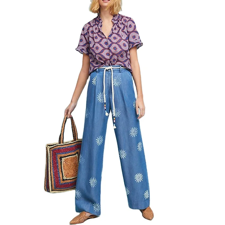 Las Mujeres Motivo Daisy Azul Pierna Ancha Denim Pantalones Palazzo - Buy Pantalones  Palazzo,Pantalones Vaqueros,Pantalones Vaqueros Product on Alibaba.com